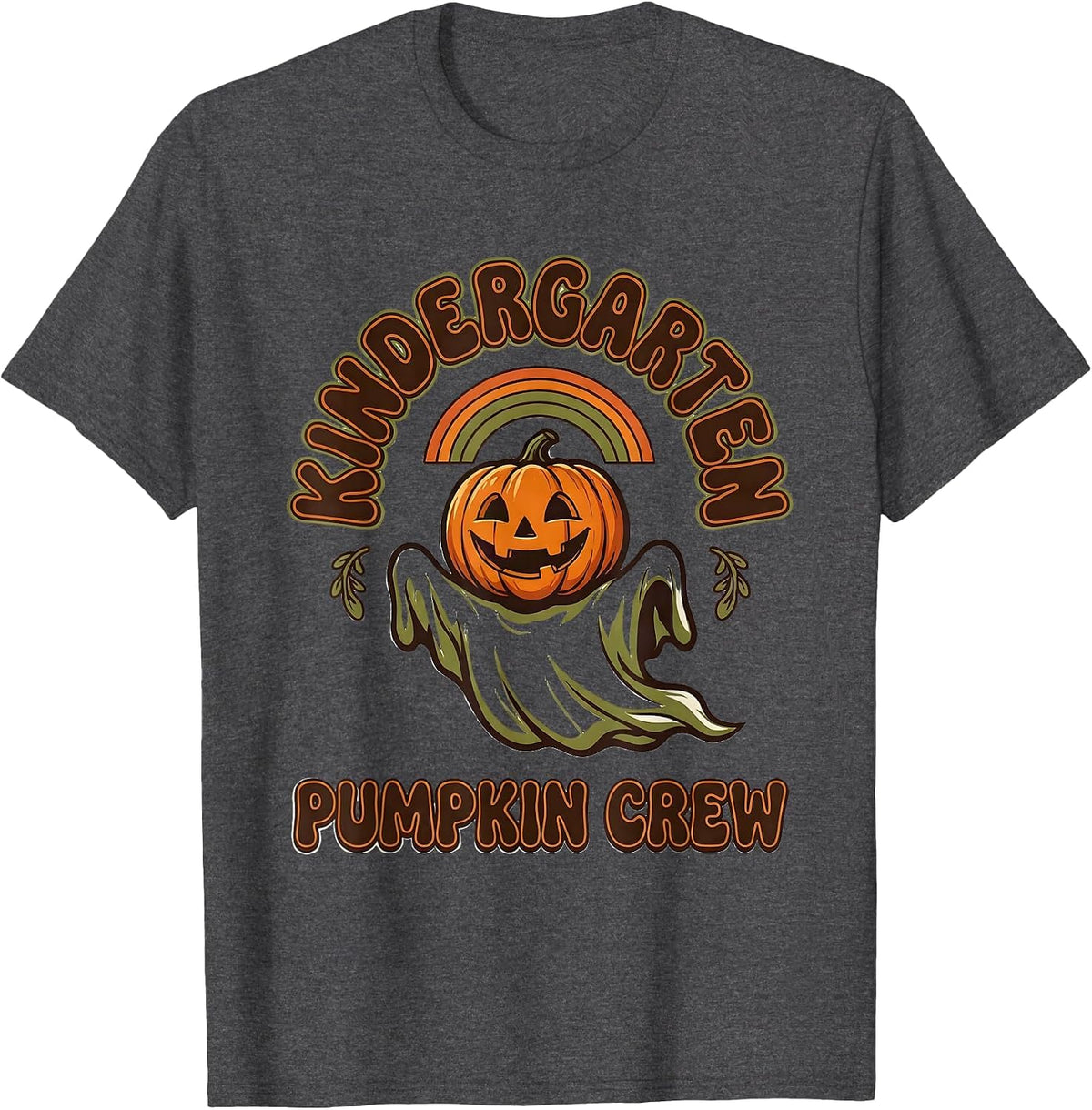 Men's Kindergarten Pumpkin Crew Retro 70s Halloween Teacher T-Shirt - Dark Heather Grey