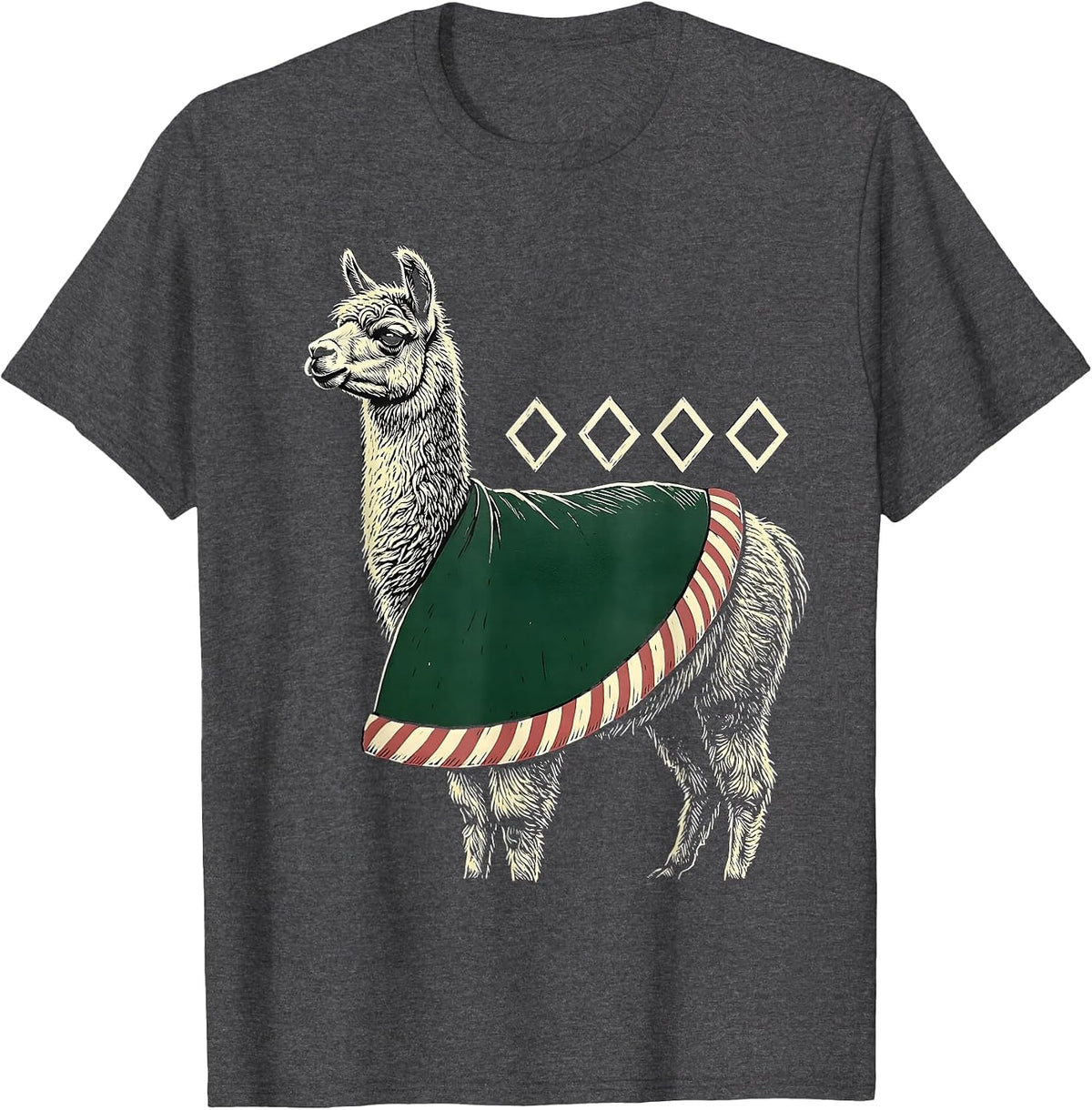 Men's Santa Llama Linocut Funny Christmas Animal Lover Gift T-Shirt - Dark Heather Grey