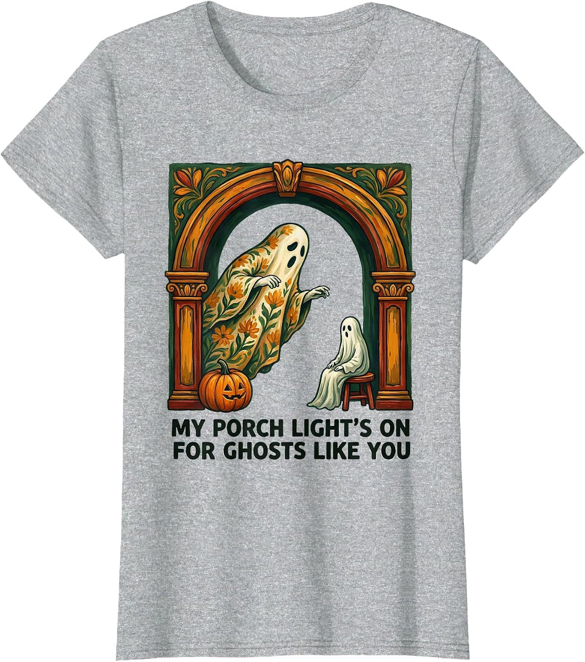 My Porch Light's On For Ghosts Like You Folk Art T-Shirt - Heather Grey