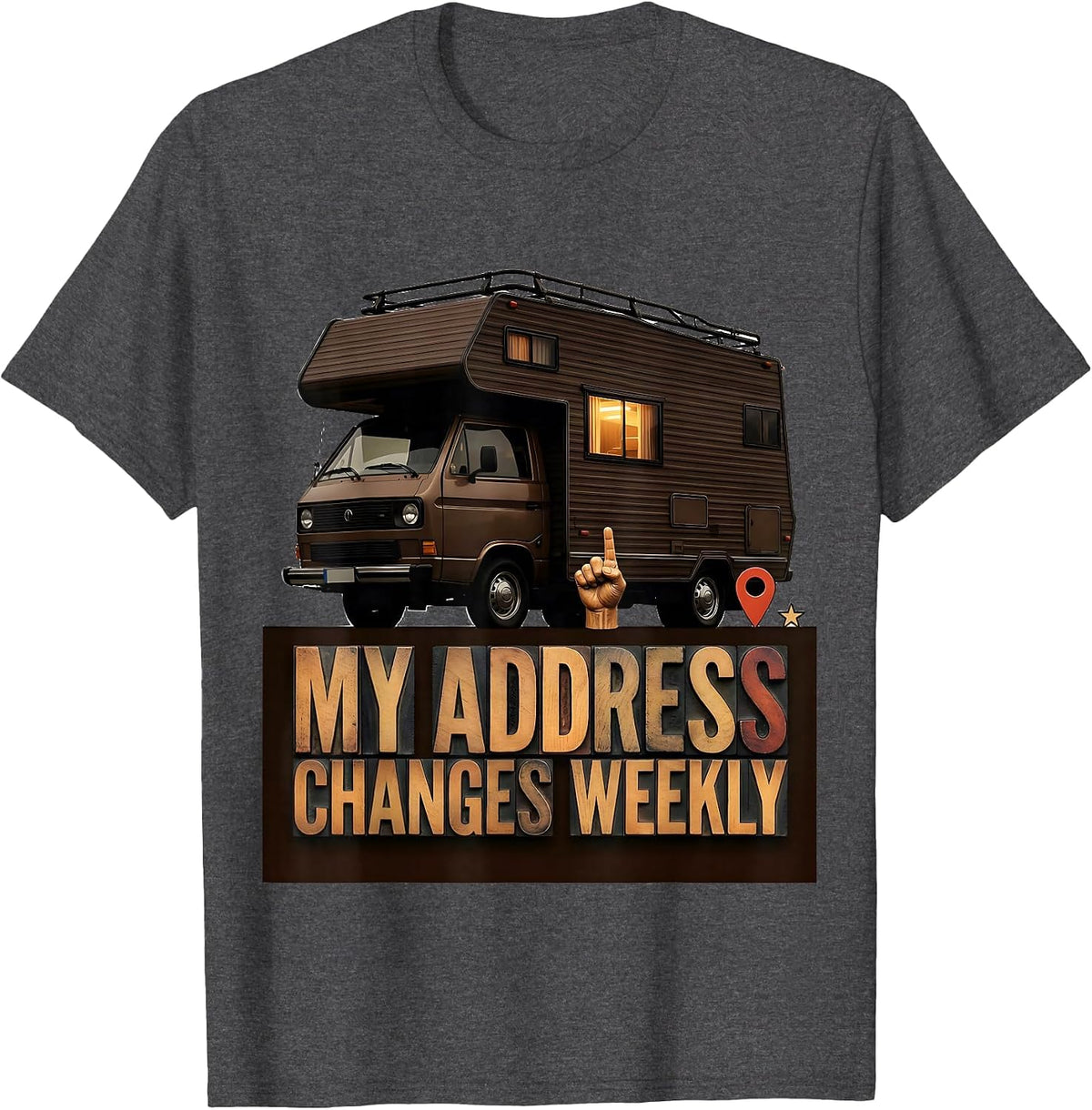 Men's My Address Changes Weekly Retro Van Life Nomads Camper Van T-Shirt - Dark Heather Grey