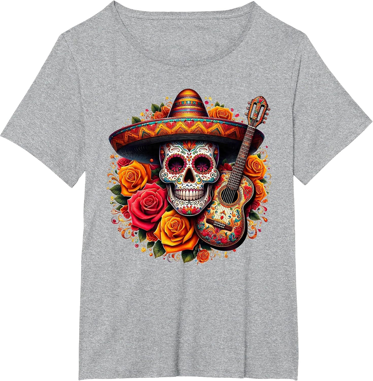 Funny Cinco De Mayo Skeleton Skull Fiesta Sombreros Guitar T-Shirt - Heather Grey