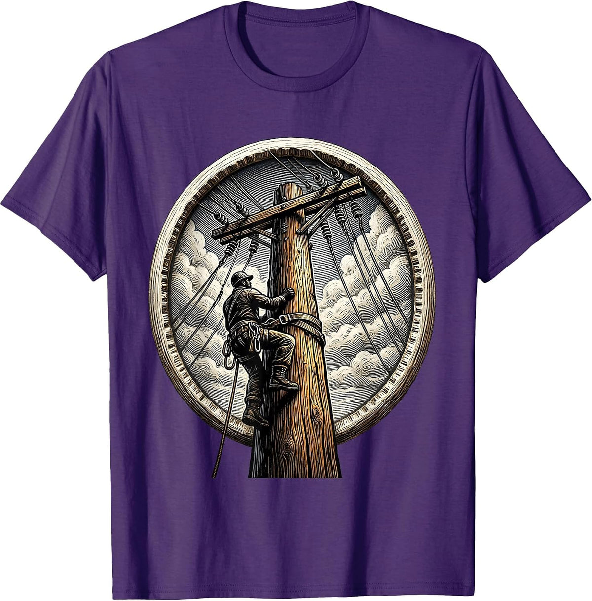 Lineman Climbing Utility Pole Graphic Tee T-Shirt - Purple