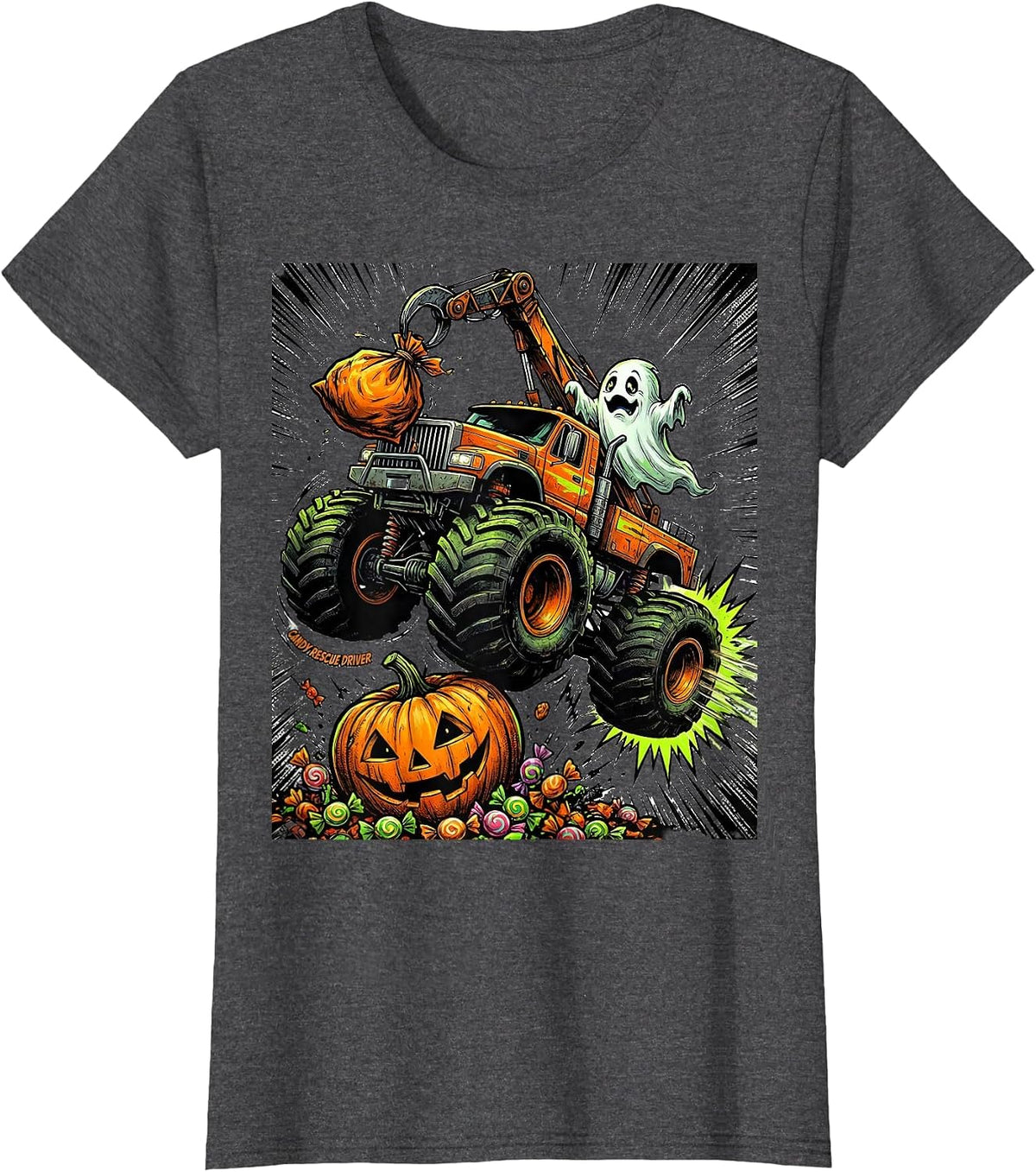 Women's Candy Rescue Driver Comic Book Monster Truck Halloween T-Shirt - Dark Heather Grey