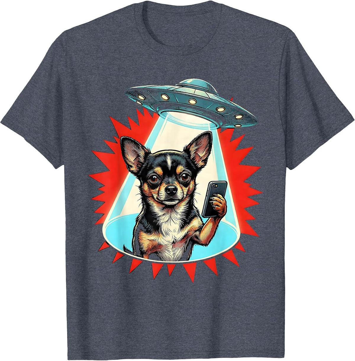 Chihuahua UFO Pop Art Dog Lover Humor T-Shirt - Heather Blue