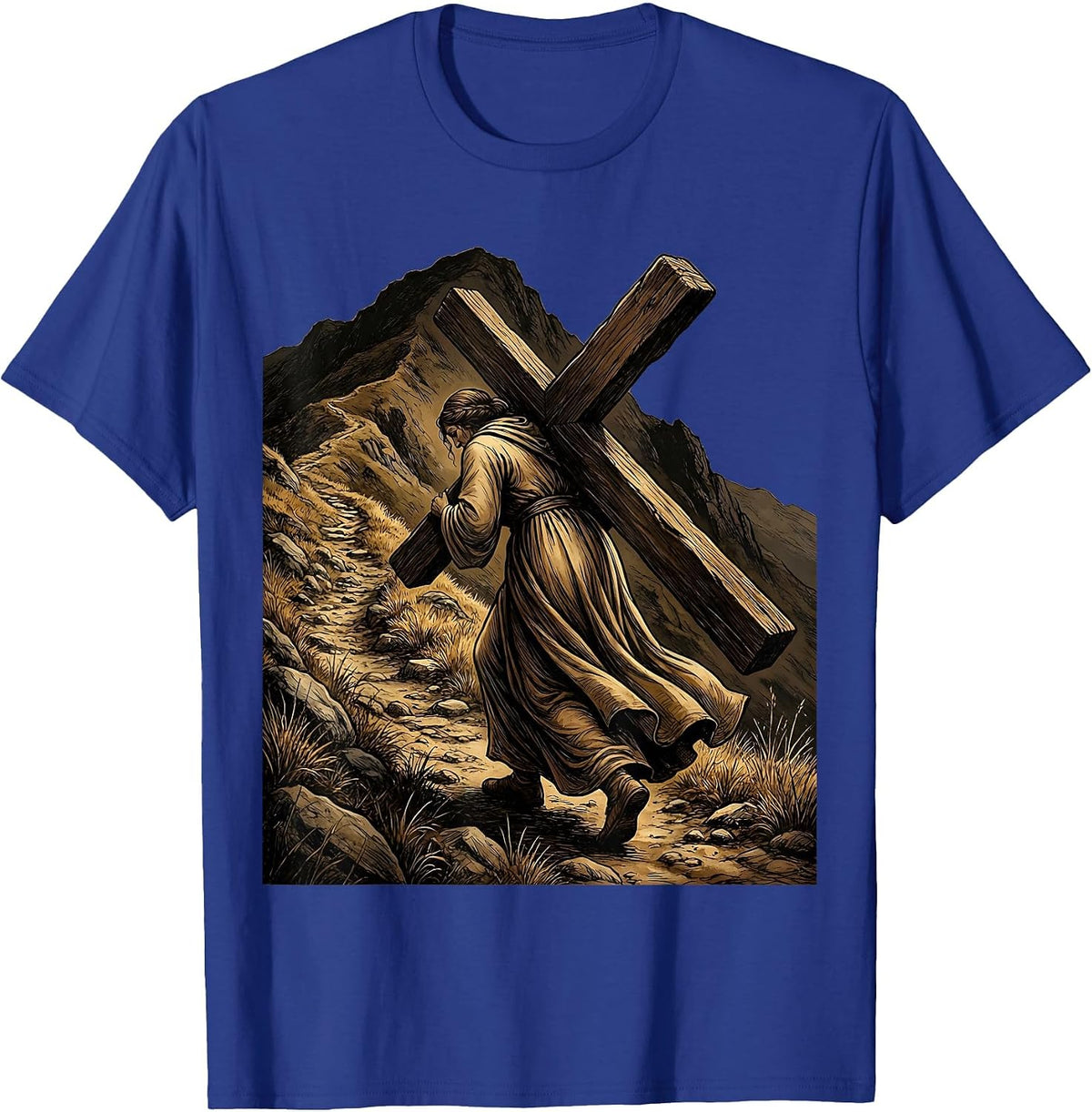 Woman Carrying Cross Up Hillside Christian Art T-Shirt - Royal Blue