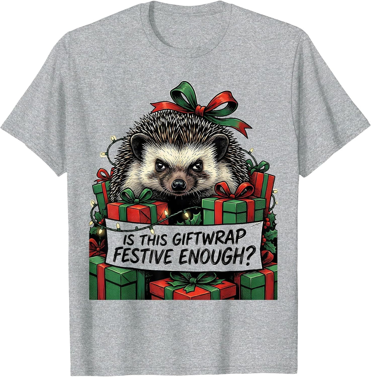 Men's Is This Giftwrap Festive Enough Comic Book Grumpy Hedgehog T-Shirt - Heather Grey