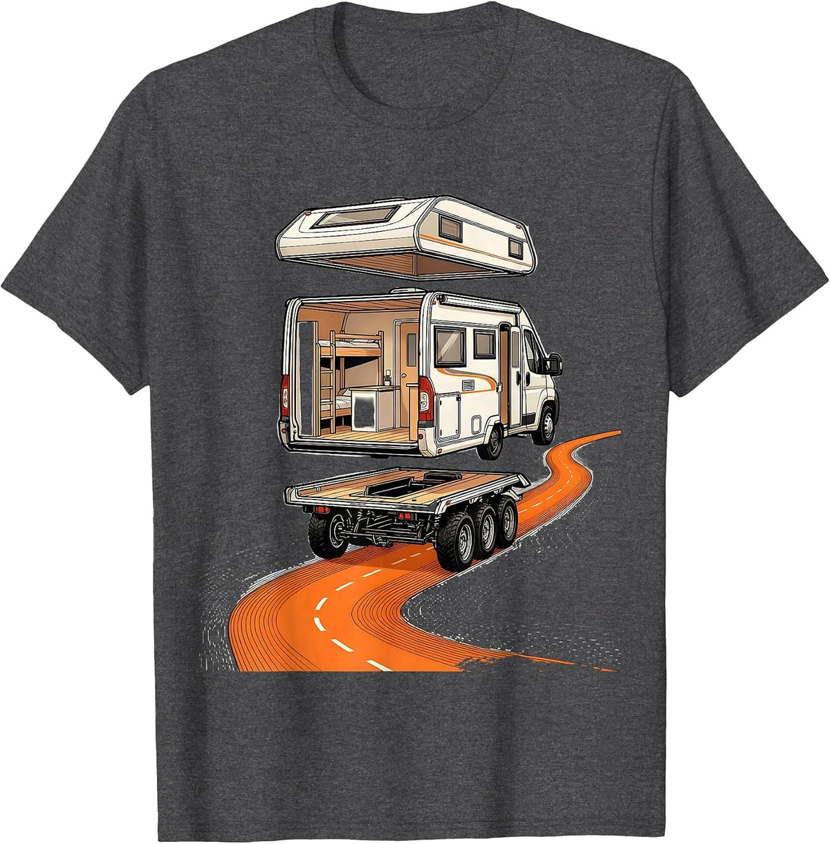 Men's Camper Van Exploded View Retro Van Life Nomads T-Shirt - Dark Heather Grey