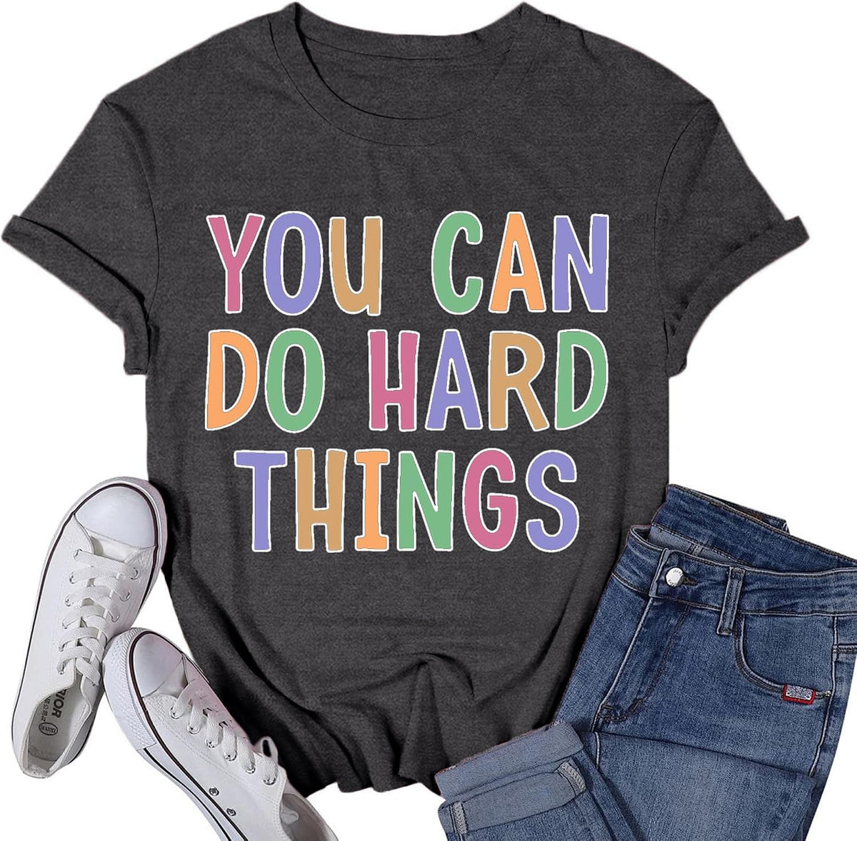 Women's Teacher Shirt You Can Do Hard Things T-Shirt Teach Teaching Inspirational Encouraging Tee Tops - Grey