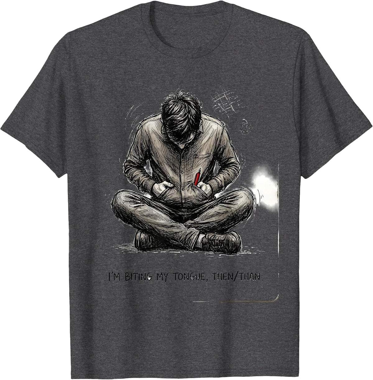 Men's I'm Biting My Tongue, Then/Than Funny Grammar Teacher Humor T-Shirt - Dark Heather Grey