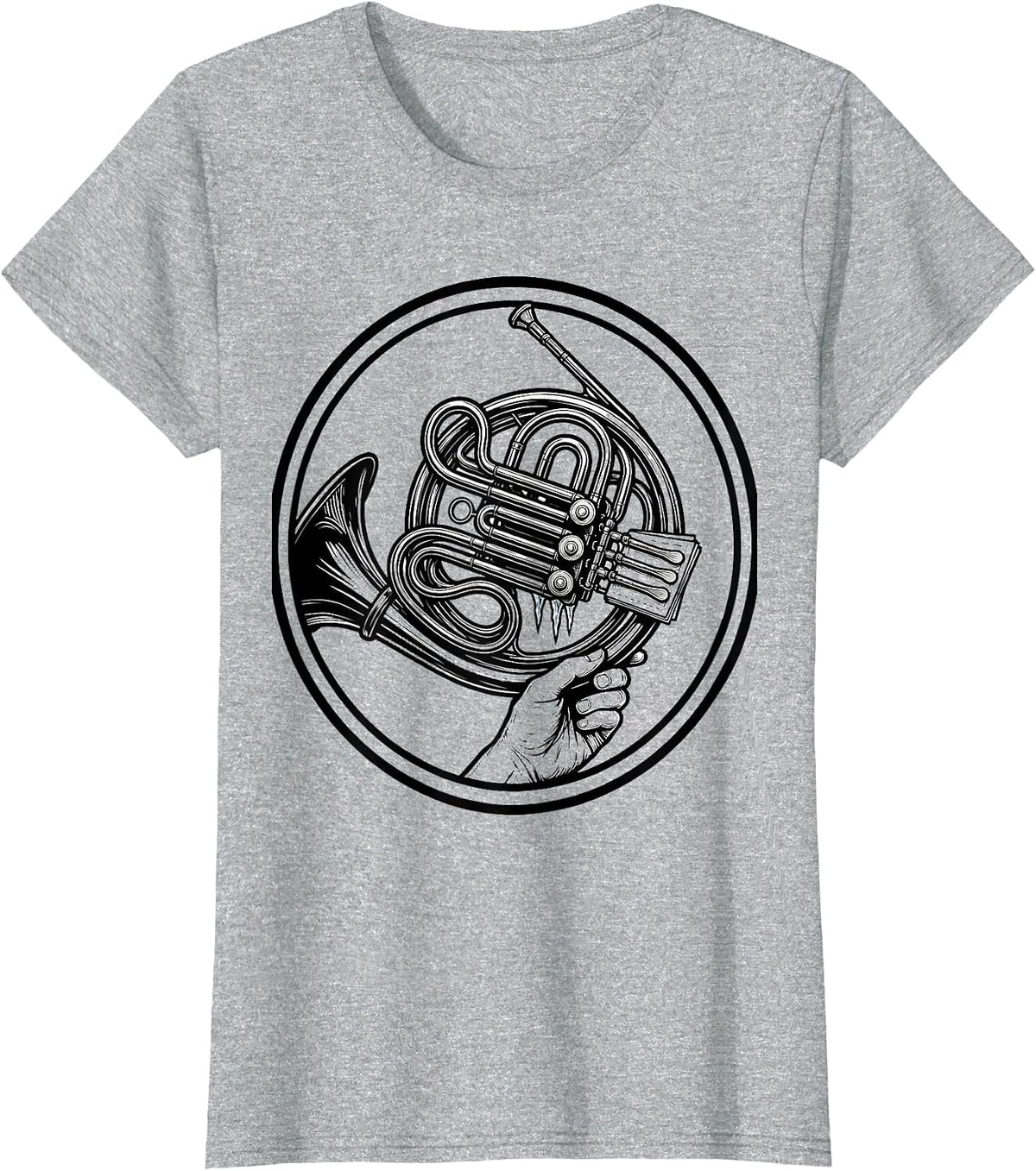 Women's French Horn Badge Line Art Band Player Humor T-Shirt - Heather Grey