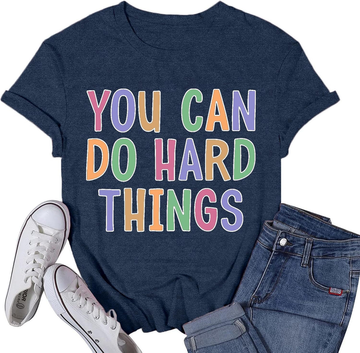 Women's Teacher Shirt You Can Do Hard Things T-Shirt Teach Teaching Inspirational Encouraging Tee Tops - Blue