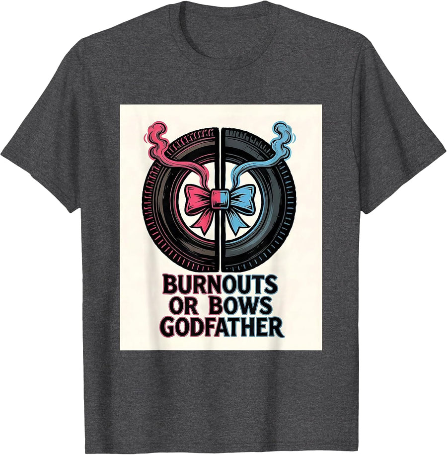 Men's Burnouts Or Bows Godfather Gender Reveal Party Announcement T-Shirt - Dark Heather Grey