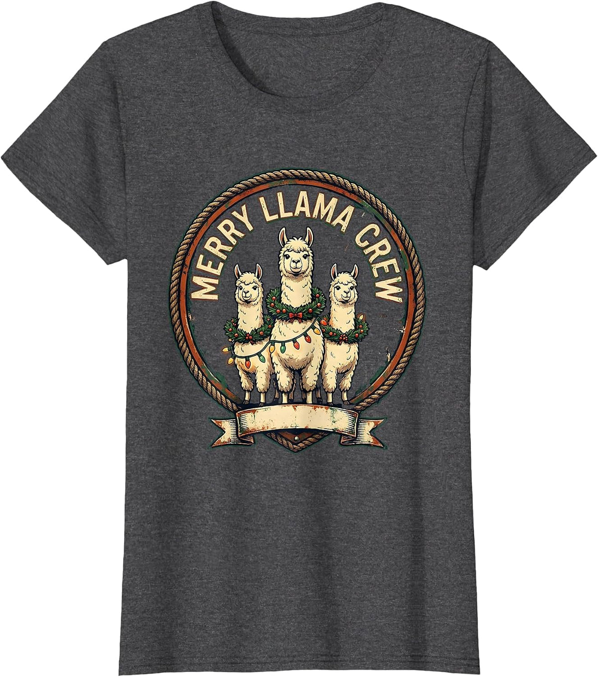 Women's Merry Llama Crew Vintage Funny Llama Lover Christmas T-Shirt - Dark Heather Grey