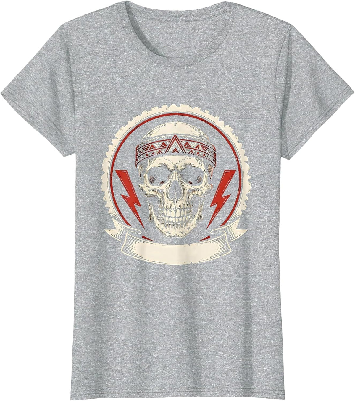 Rock Skull Vintage Headband Graphic Design T-Shirt - Heather Grey