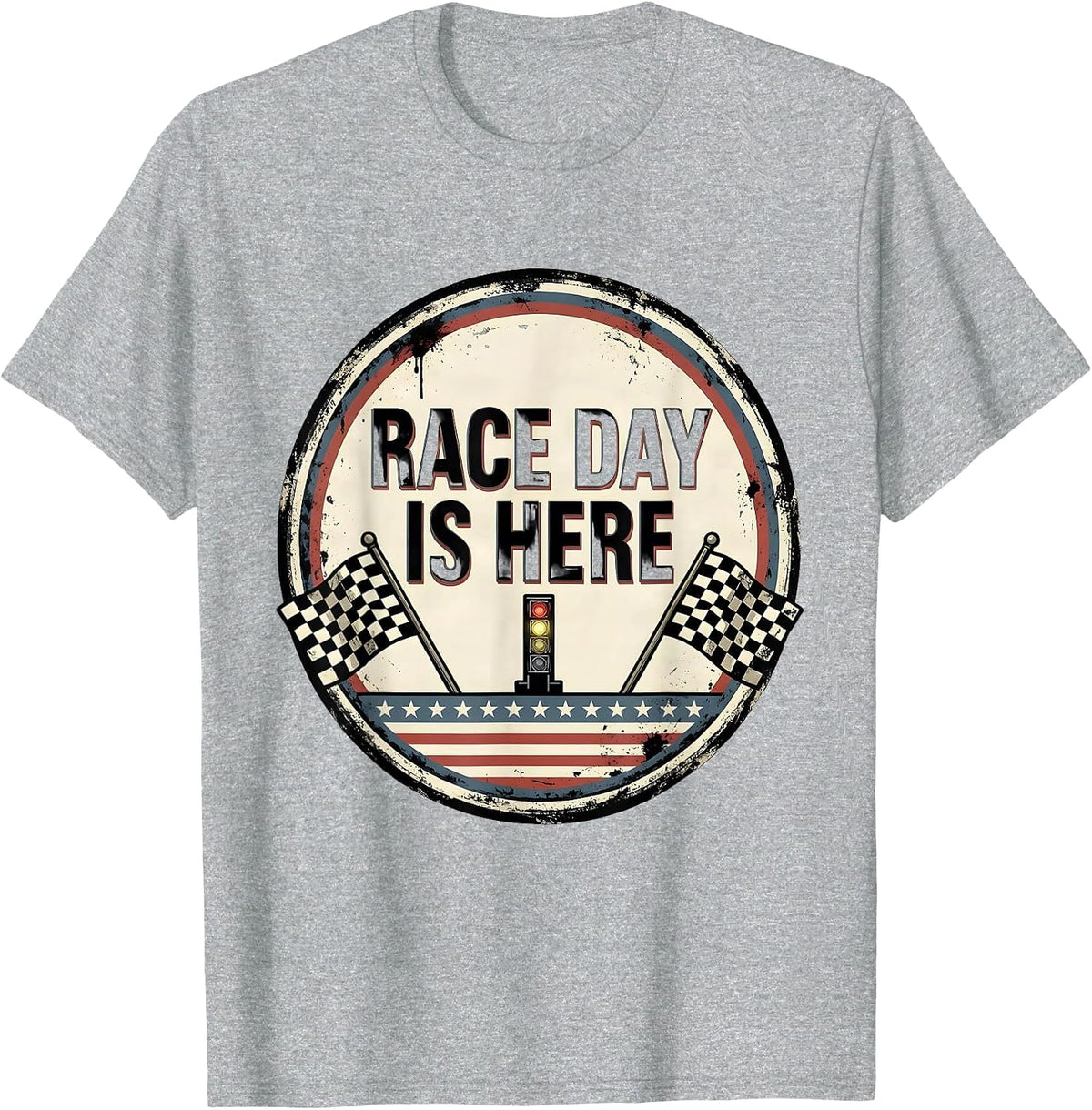Men's Race Day Is Here Distressed Checkered Flag American Flag T-Shirt - Heather Grey