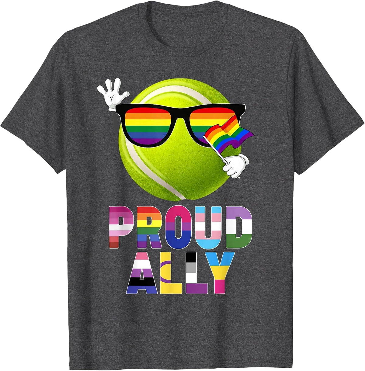 Proud Ally Tennis Ball Rainbow Flag Gay Lesbian LGBT Pride T-Shirt - Dark Heather Grey