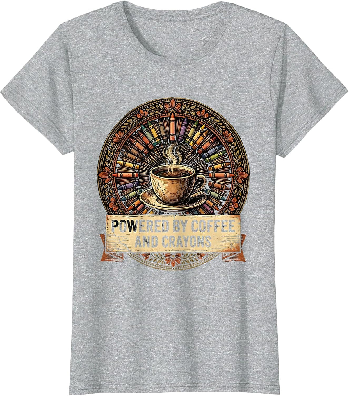 Women's Powered by Coffee and Crayons 4th Grade Teacher T-Shirt - Heather Grey
