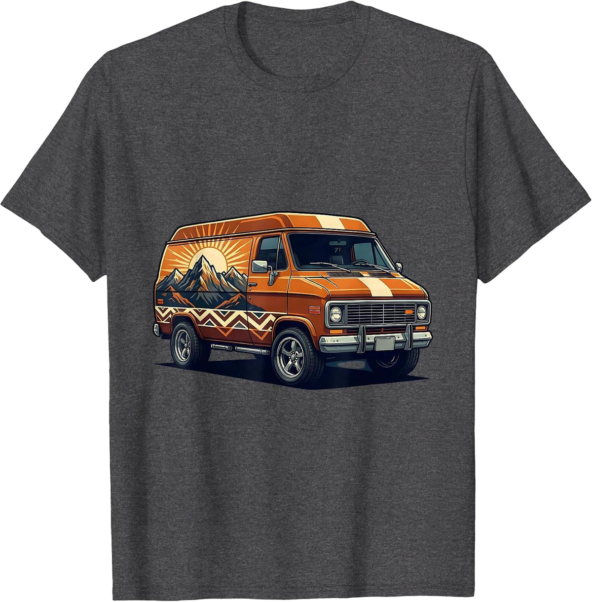 Vintage Van Sunset Mountain Mural 70s Graphic T-Shirt - Dark Heather Grey