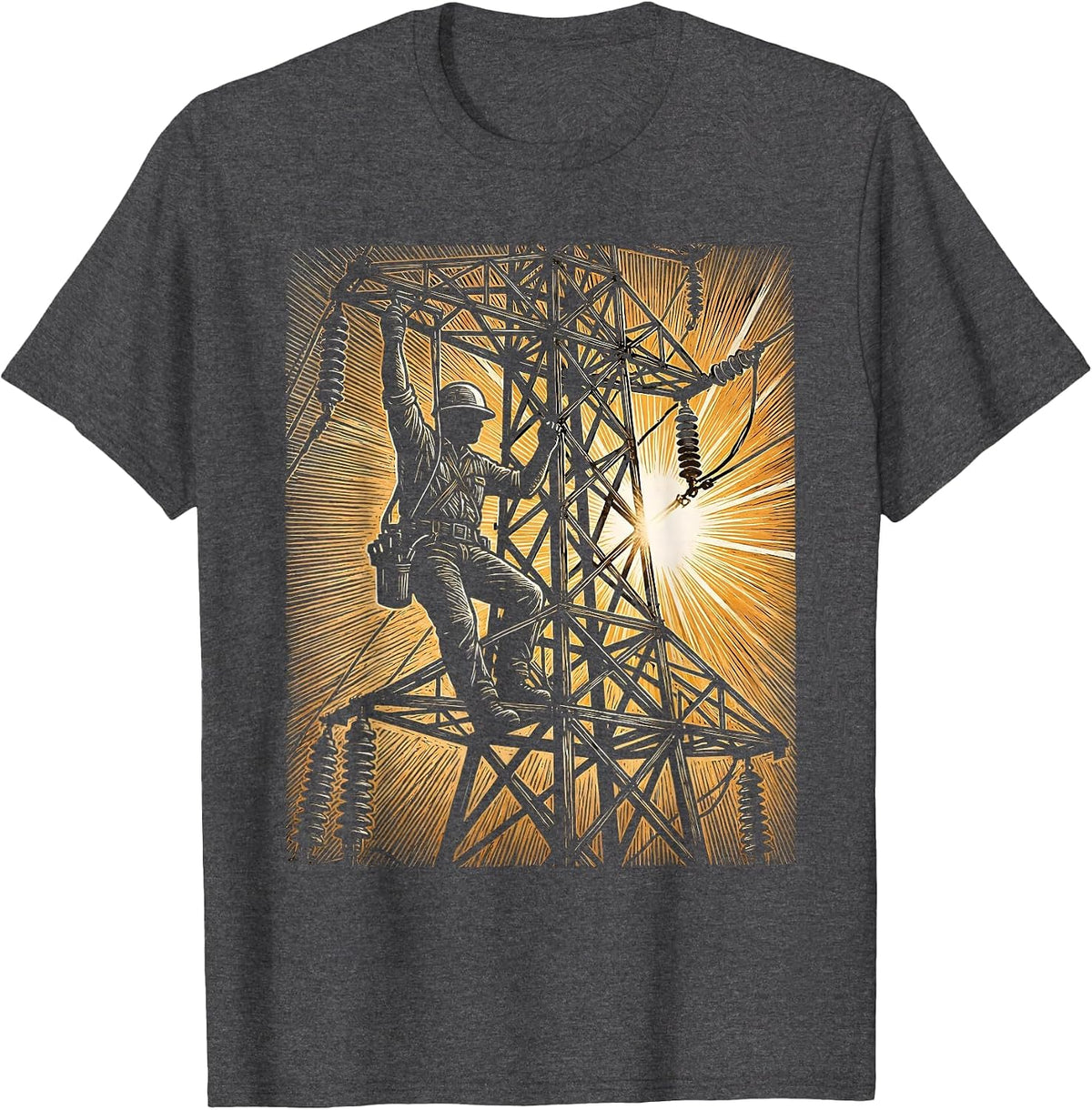 Lineman Electrical Tower Sunrise Labor Day Graphic T-Shirt - Dark Heather Grey