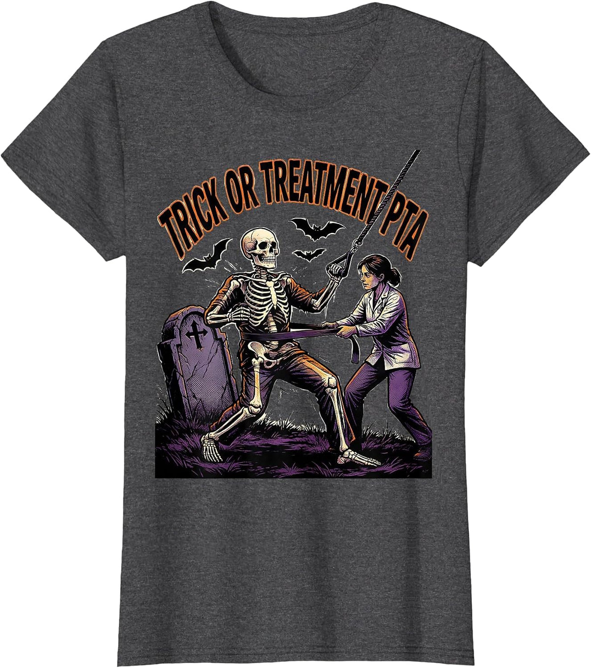 Women's Trick Or Treatment PTA Comic Book Halloween Physical Therapy T-Shirt - Dark Heather Grey