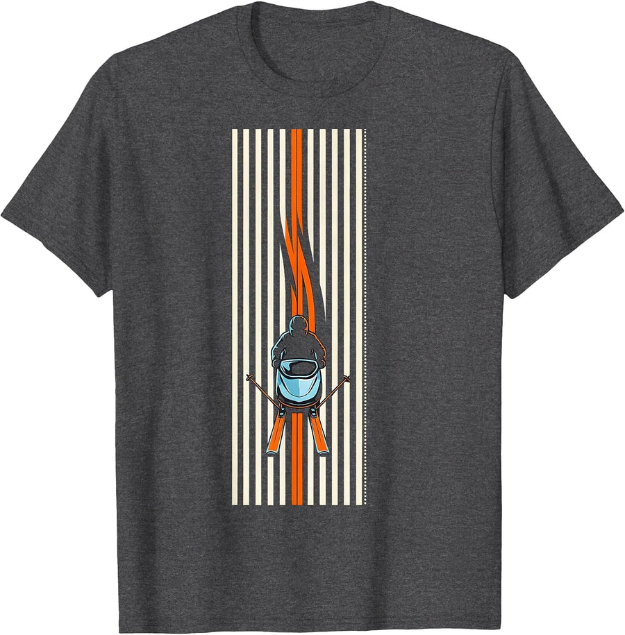 Men's Compact Vertical Stripe Snowmobile Rider Winter Humor T-Shirt - Dark Heather Grey
