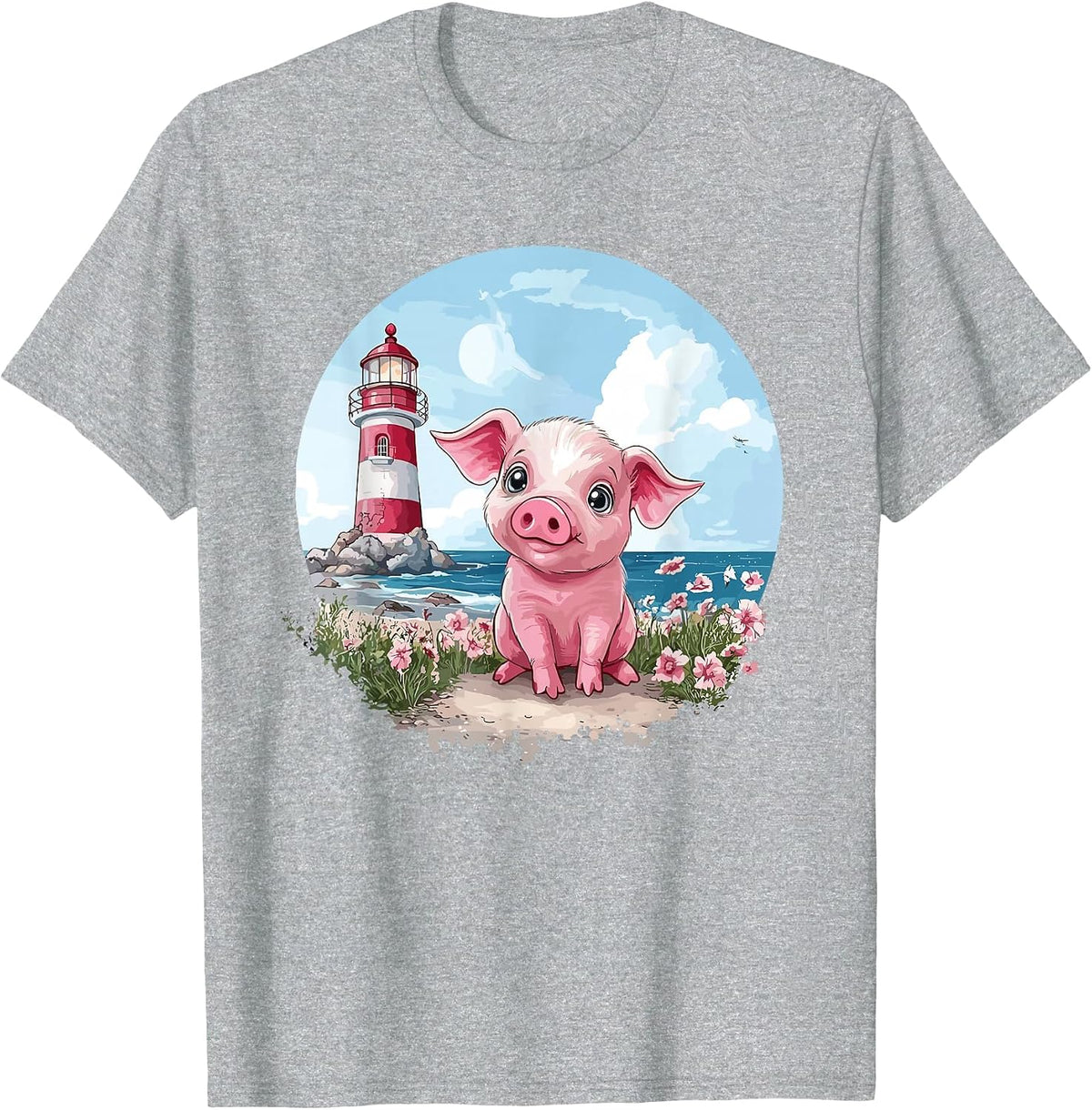 Adorable Piglet By The Lighthouse T-Shirt - Heather Grey