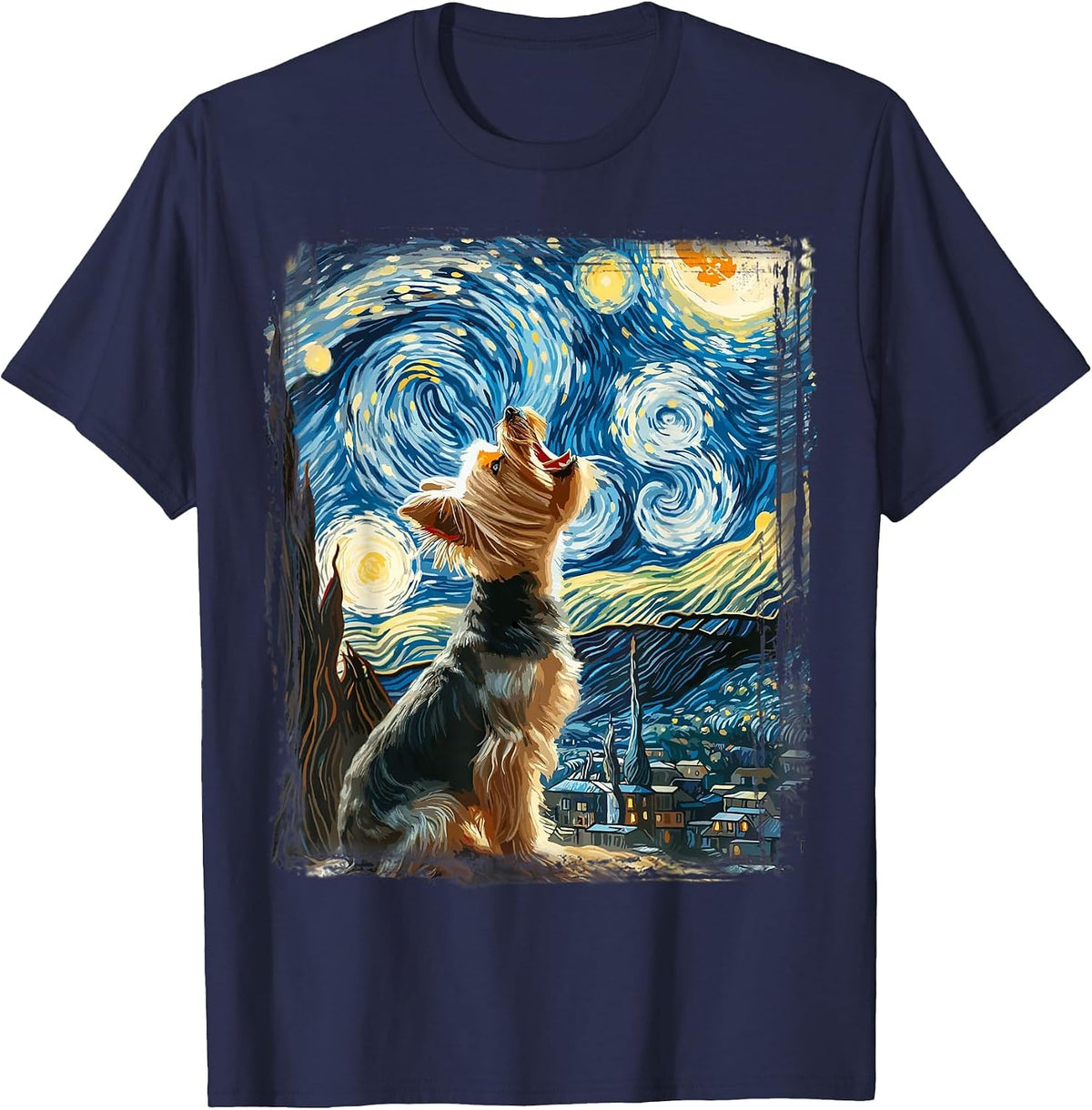 Yorkie Dog Artistic Van Gogh Starry Night Yorkshire Terrier T-Shirt - Navy Blue