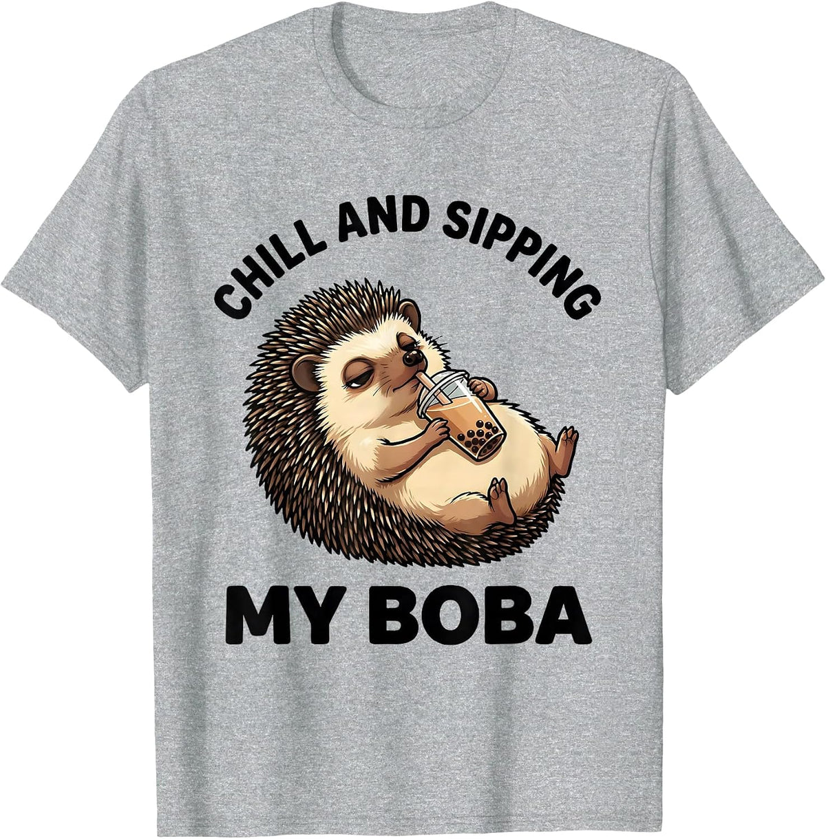 Men's Chill and Sipping My Boba Cute Kawaii Hedgehog Boba Tea T-Shirt - Heather Grey