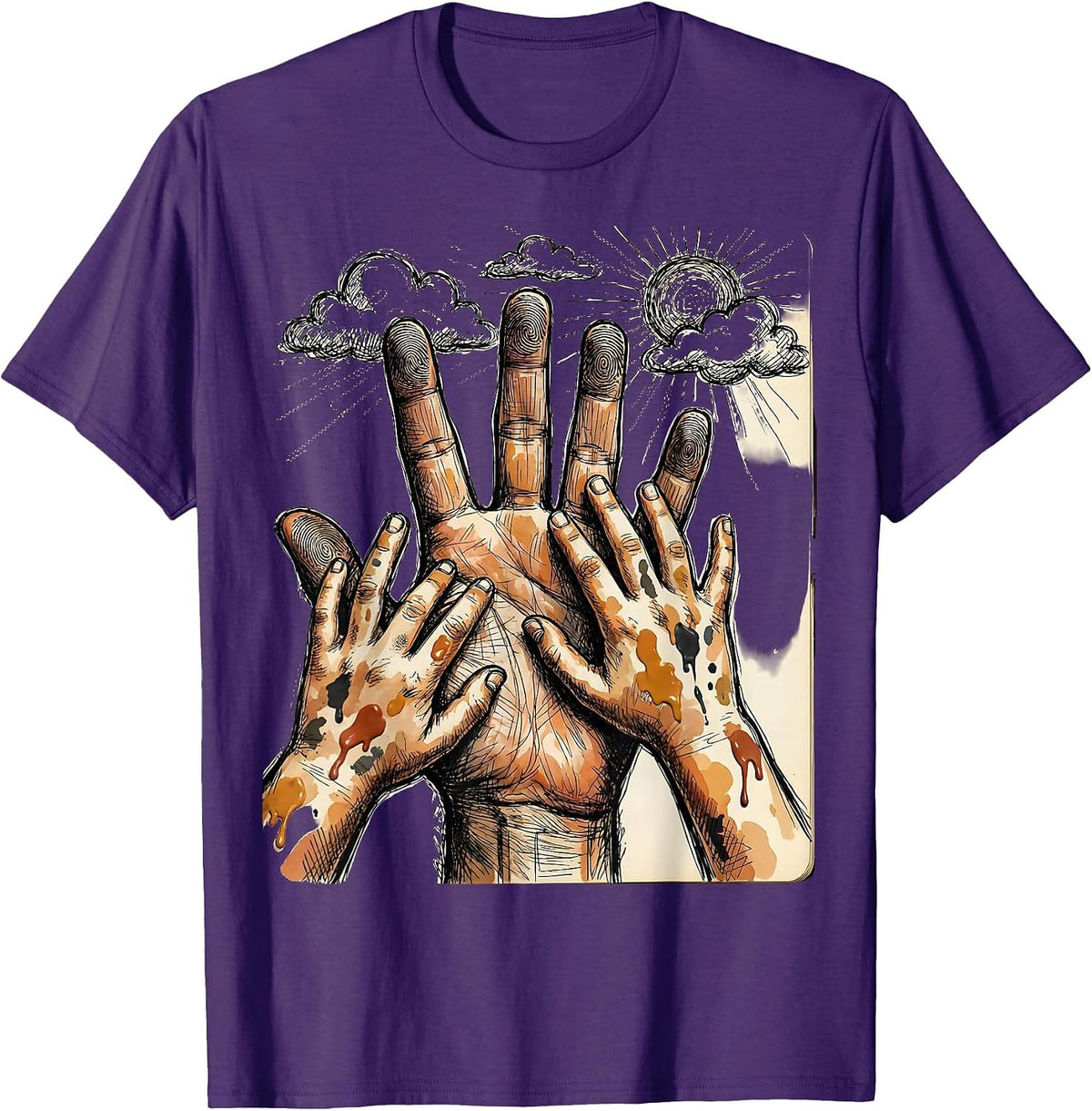 Daycare Teacher Paint Hands Reaching Sky Design T-Shirt - Purple