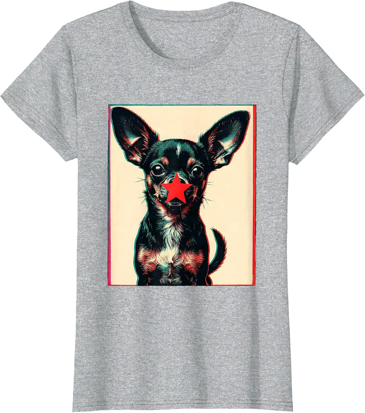 Chihuahua Silhouette Risograph Christmas Dog Lover Holiday T-Shirt - Heather Grey