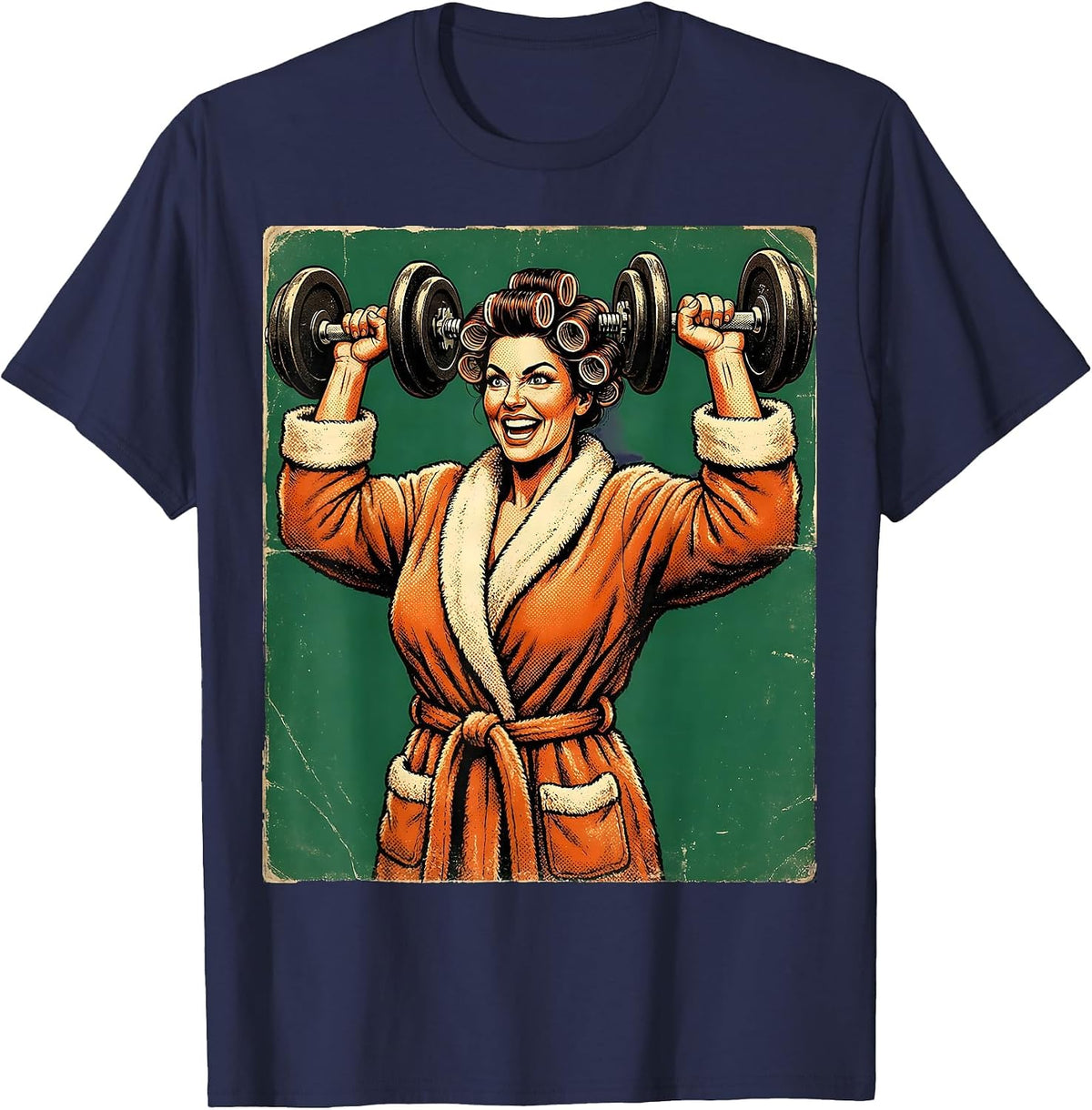 Fierce Glam Weightlifter Robe and Curlers Design T-Shirt - Navy Blue
