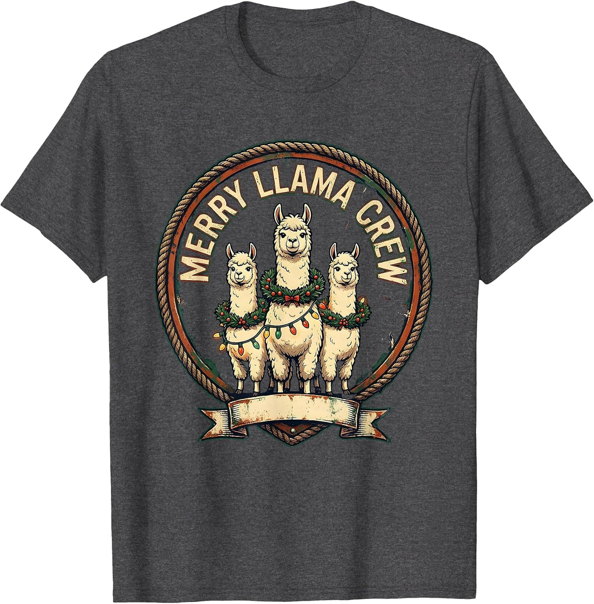 Men's Merry Llama Crew Vintage Funny Llama Lover Christmas T-Shirt - Dark Heather Grey