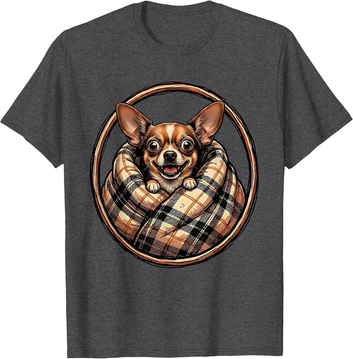 Cozy Chihuahua Wrapped in Blanket Graphic T-Shirt - Dark Heather Grey