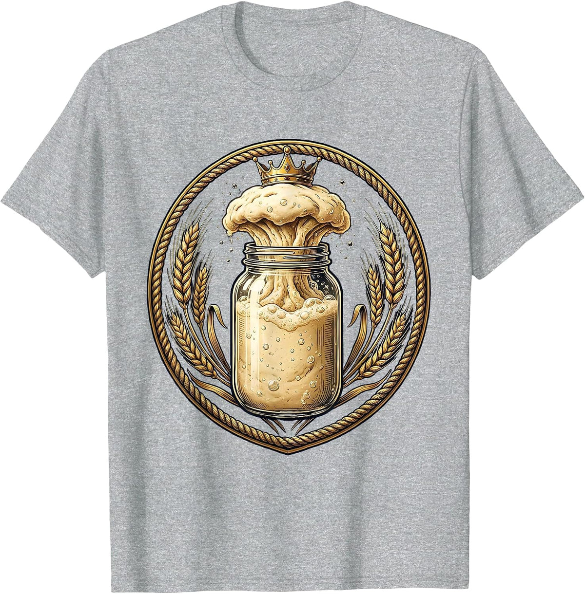 Men's Sourdough Starter Jar Wearing Crown Illustration T-Shirt - Heather Grey