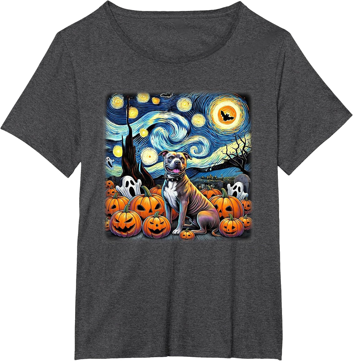 Starry Night Pitbull Halloween T-Shirt - Dark Heather Grey