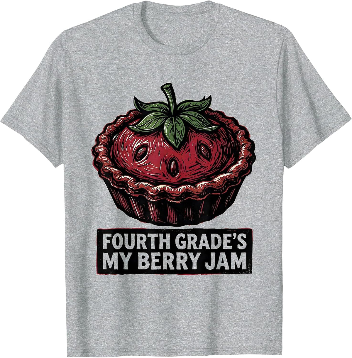 Men's Fourth Grade's My Berry Jam Linocut Strawberry Teacher Back T-Shirt - Heather Grey