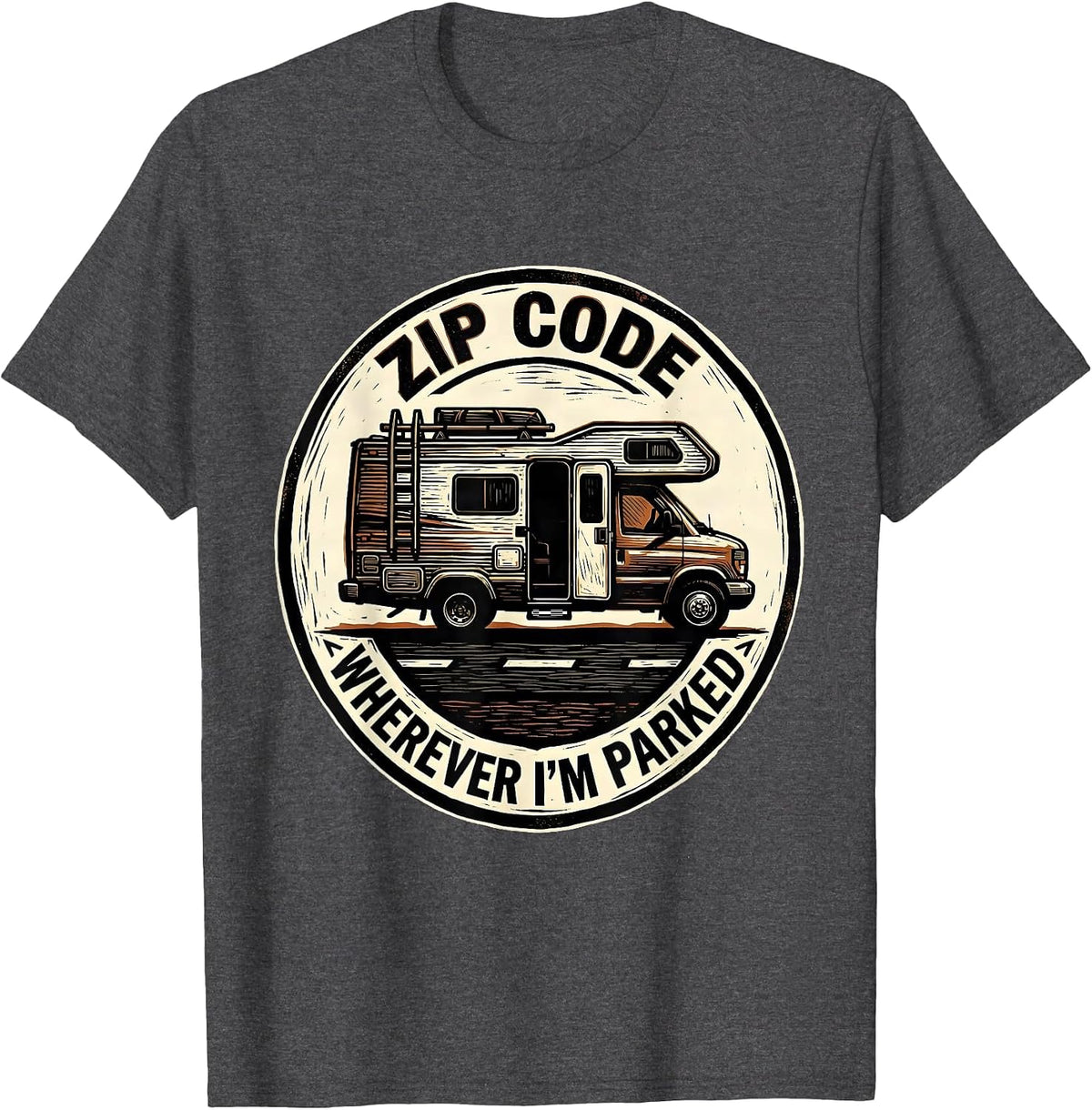 Men's Zip Code: Wherever I'm Parked Vintage Van Life Camper Van T-Shirt - Dark Heather Grey