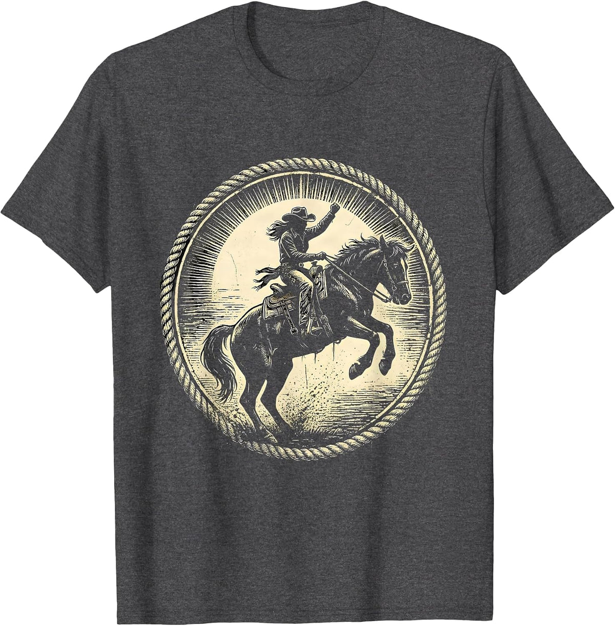 Men's Cowgirl Bucking Bronco Sunset Rodeo Design T-Shirt - Dark Heather Grey