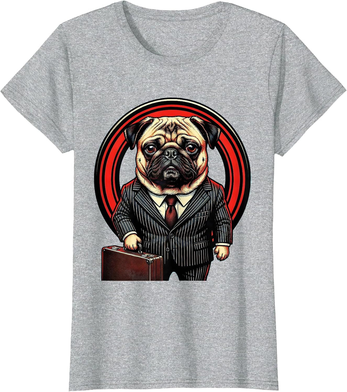 Funny Pug in Business Suit Briefcase Office Dog T-Shirt - Heather Grey