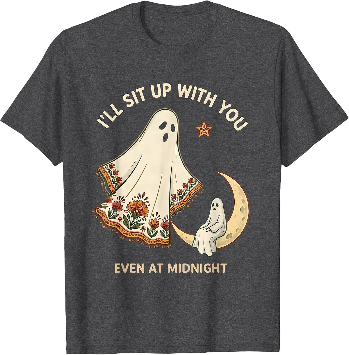 Men's I'll Sit Up With You, Even At Midnight Folk Art Ghost T-Shirt - Dark Heather Grey