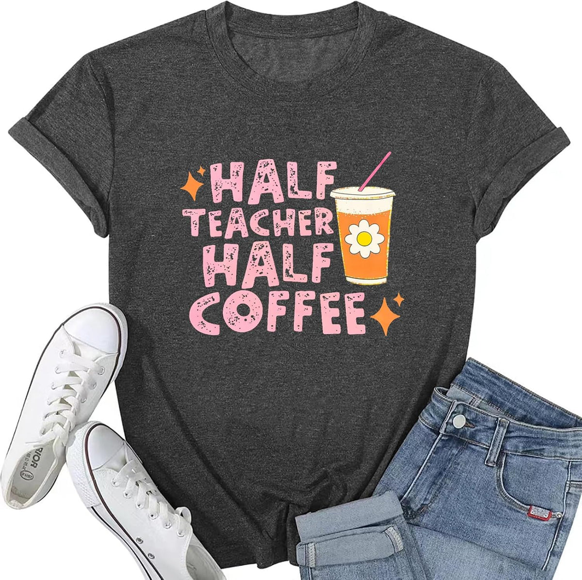Teacher Shirts Women Funny Teacher Life T-Shirt Half Teacher Half Coffee Graphic Tee Back to School Short Sleeve Tops - Grey