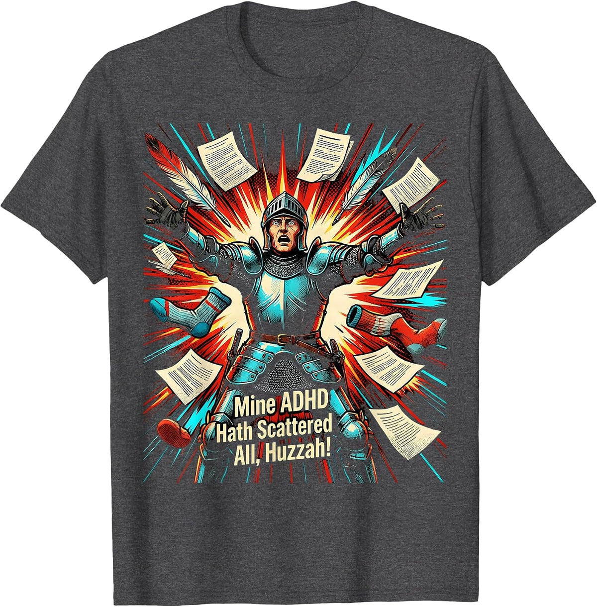 Mine ADHD Hath Scattered All Huzzah Pop Art Neurodivergent T-Shirt - Dark Heather Grey