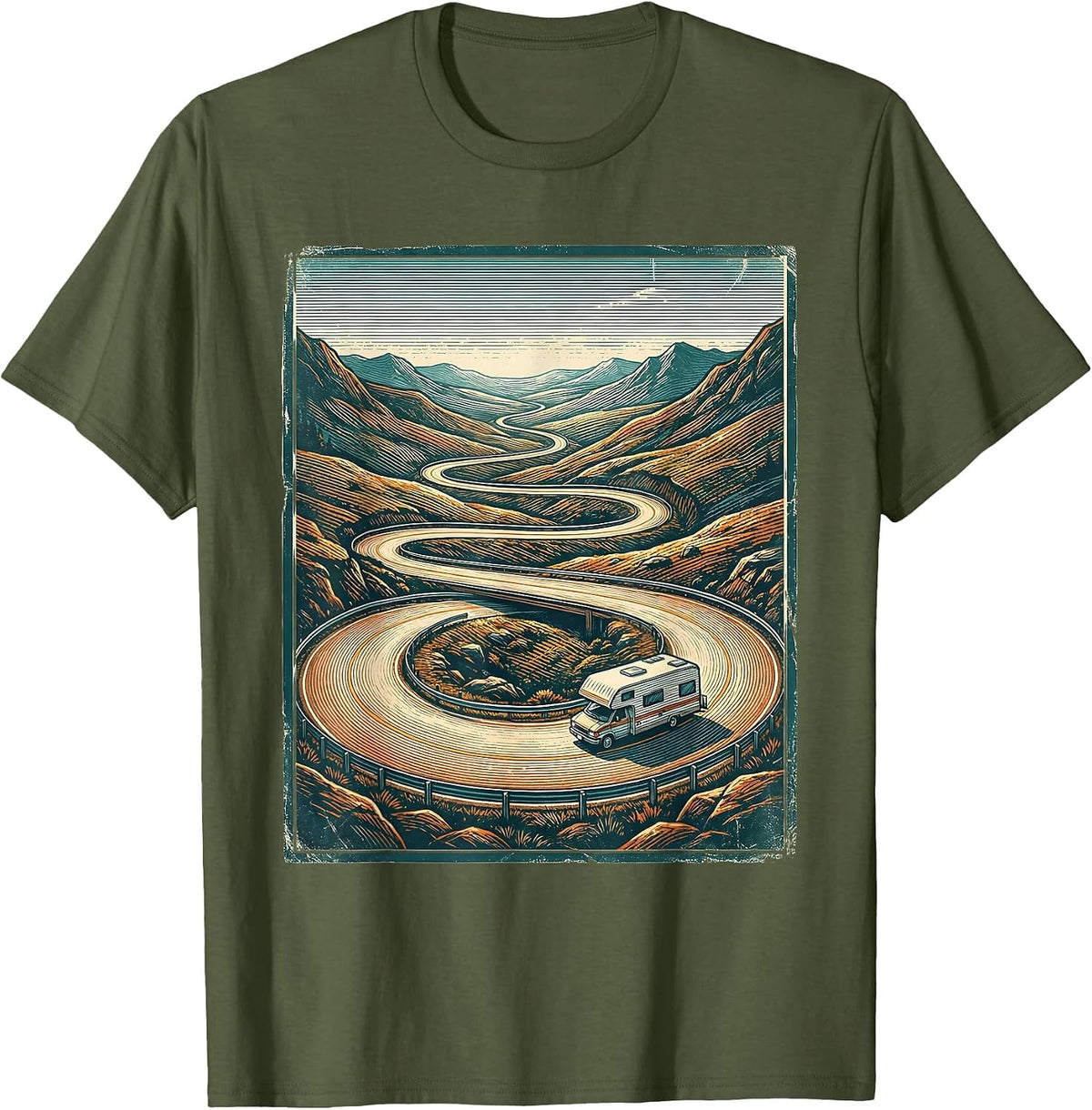 Retro Van Life Scenic Road Trip Camper Van Nostalgia T-Shirt - Olive Green
