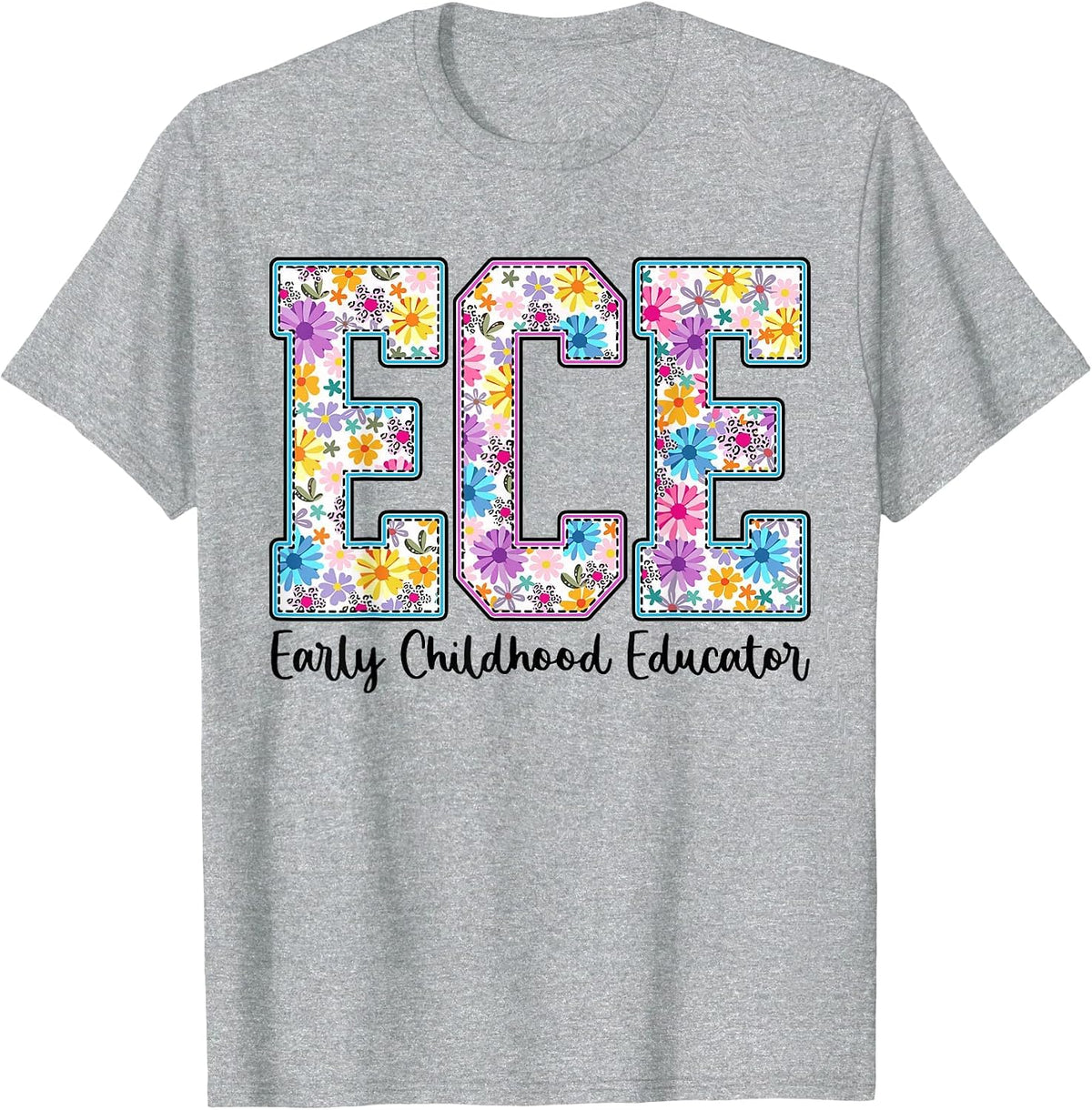 Retro ECE Early Childhood Educator Boho Floral Teacher Tee T-Shirt - Heather Grey