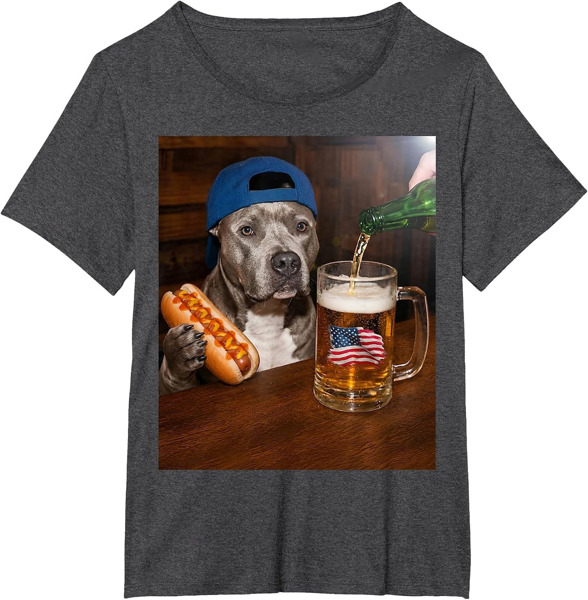 Funny Pitbull Meme Drinking Beer Hotdog USA Flag Pittie Moms T-Shirt - Dark Heather Grey