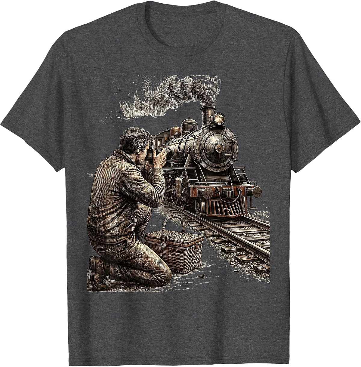 Trainspotter Kneeling Steam Locomotive Crosshatch Etching T-Shirt - Dark Heather Grey