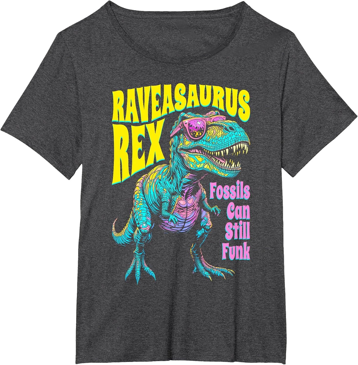 Trex Rave Dinosaur Raveasaurus Rex Trippy EDM Music Festival T-Shirt - Dark Heather Grey