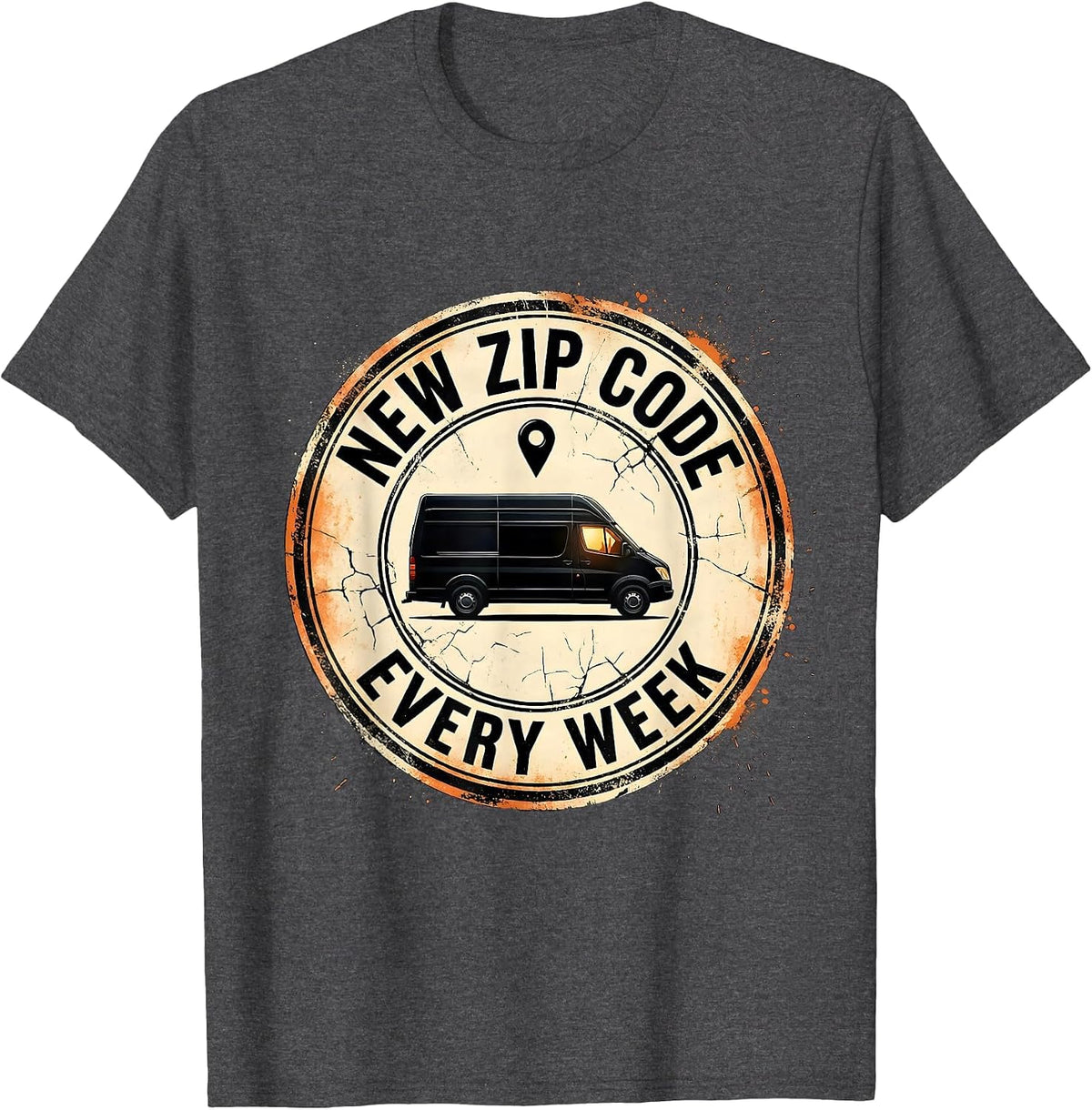 Men's New Zip Code Every Week Distressed Van Life Retro Road Trip T-Shirt - Dark Heather Grey