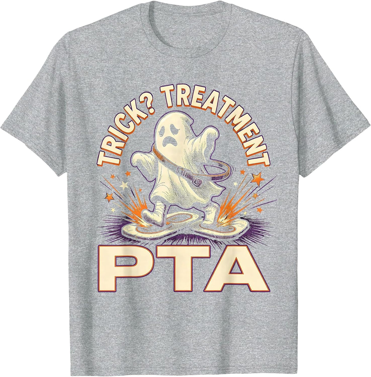 Men's Trick? Treatment PTA Comic Book Physical Therapy Halloween T-Shirt - Heather Grey