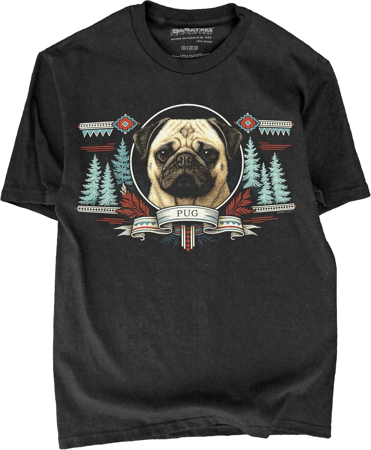 BABATEES Wilderness Inspired Dog Artwork Black Tshirt – 100% Cotton - for Men & Women - Pug